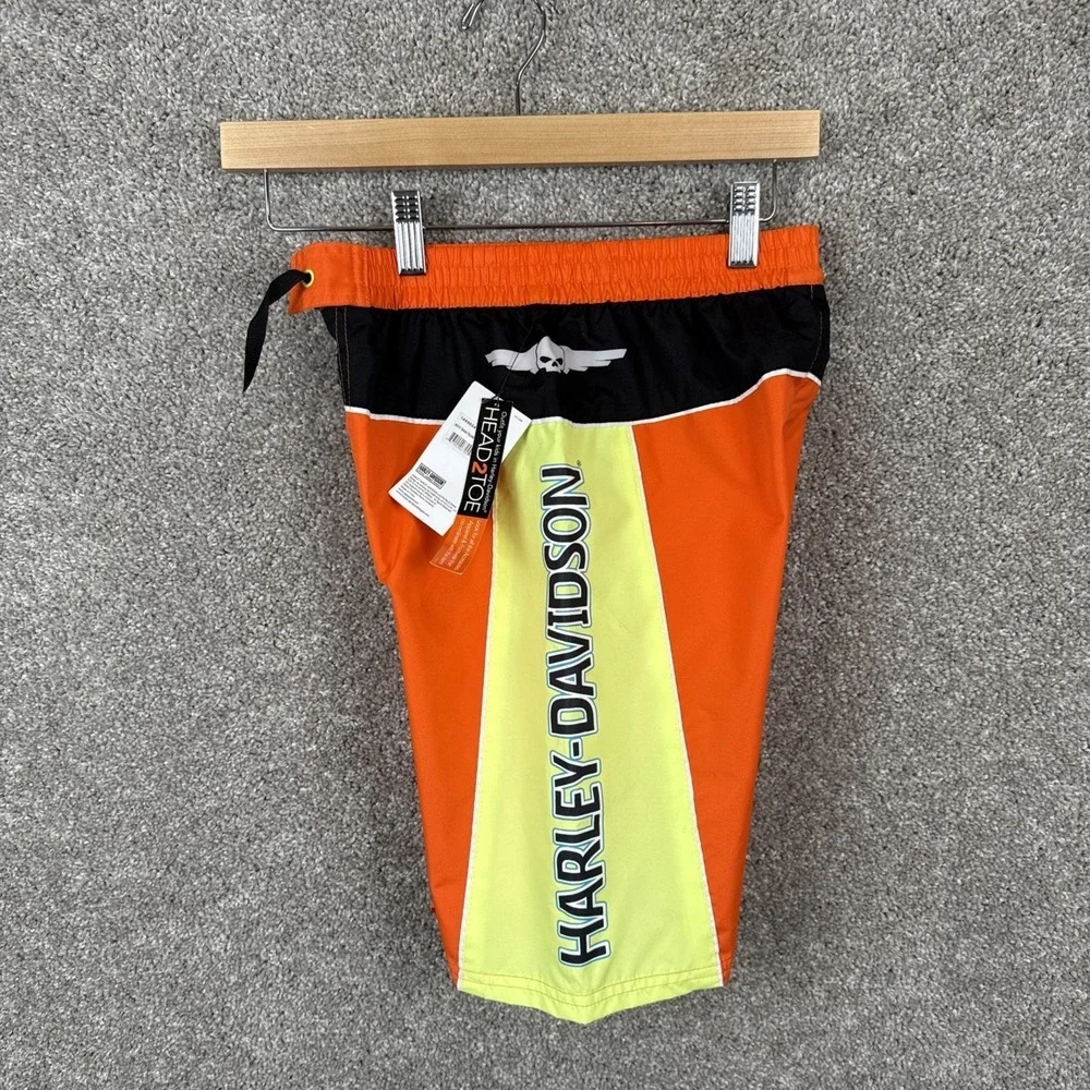 Harley-Davidson Boys Size 8/10 Swim Trunks Orange Neon Yellow Skull Logo NEW